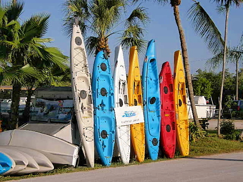 several canoes line up all different colors blue yellow orange red white